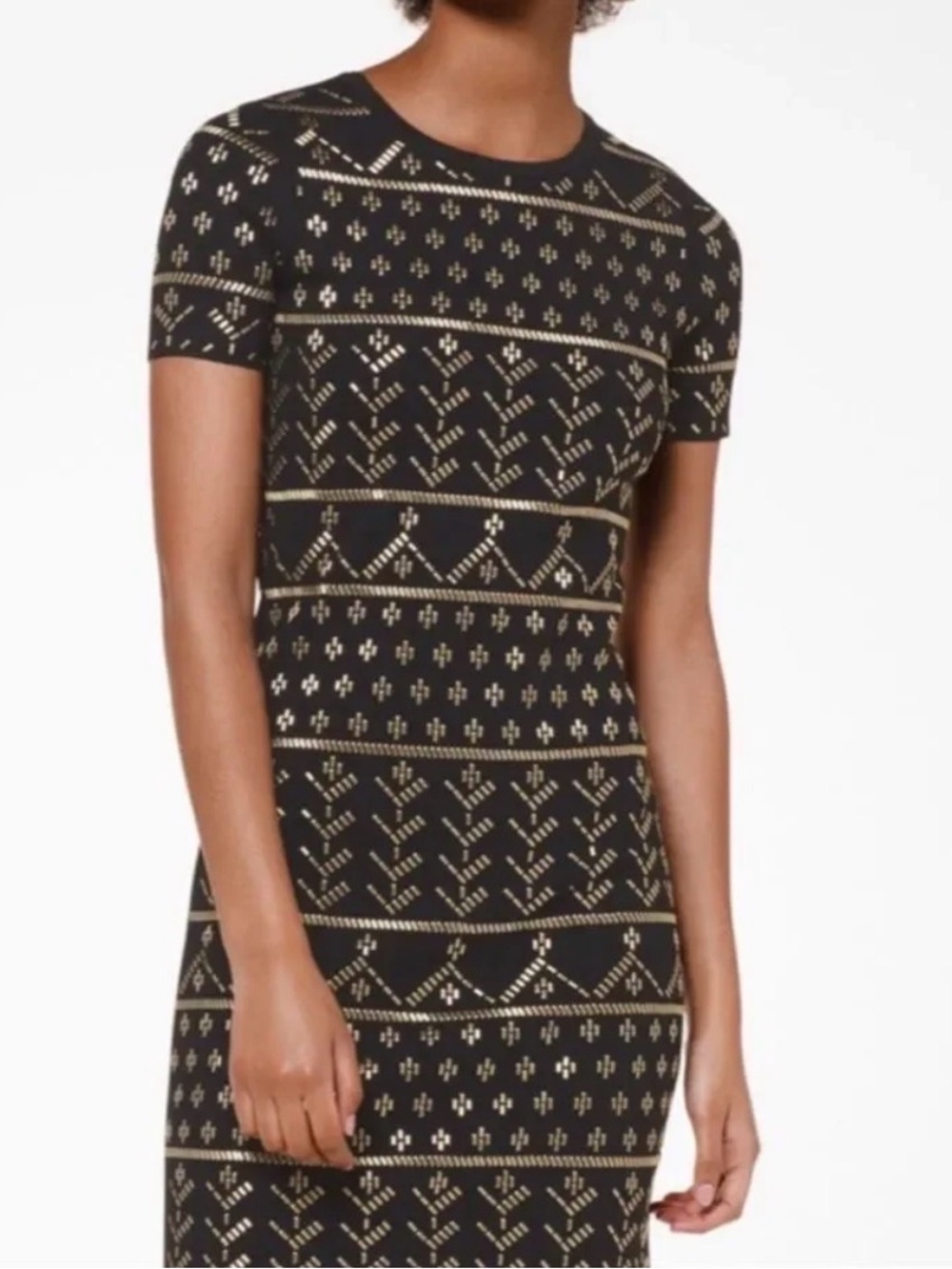 MICHAEL KORS Black Knit Geometric Dress Gold Studded Sz XS Bodycon Mini NWOT